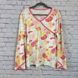 Garnet Hill Asian Kimono Wrap Pajama Shirt Top Floral Cotton Multicolor